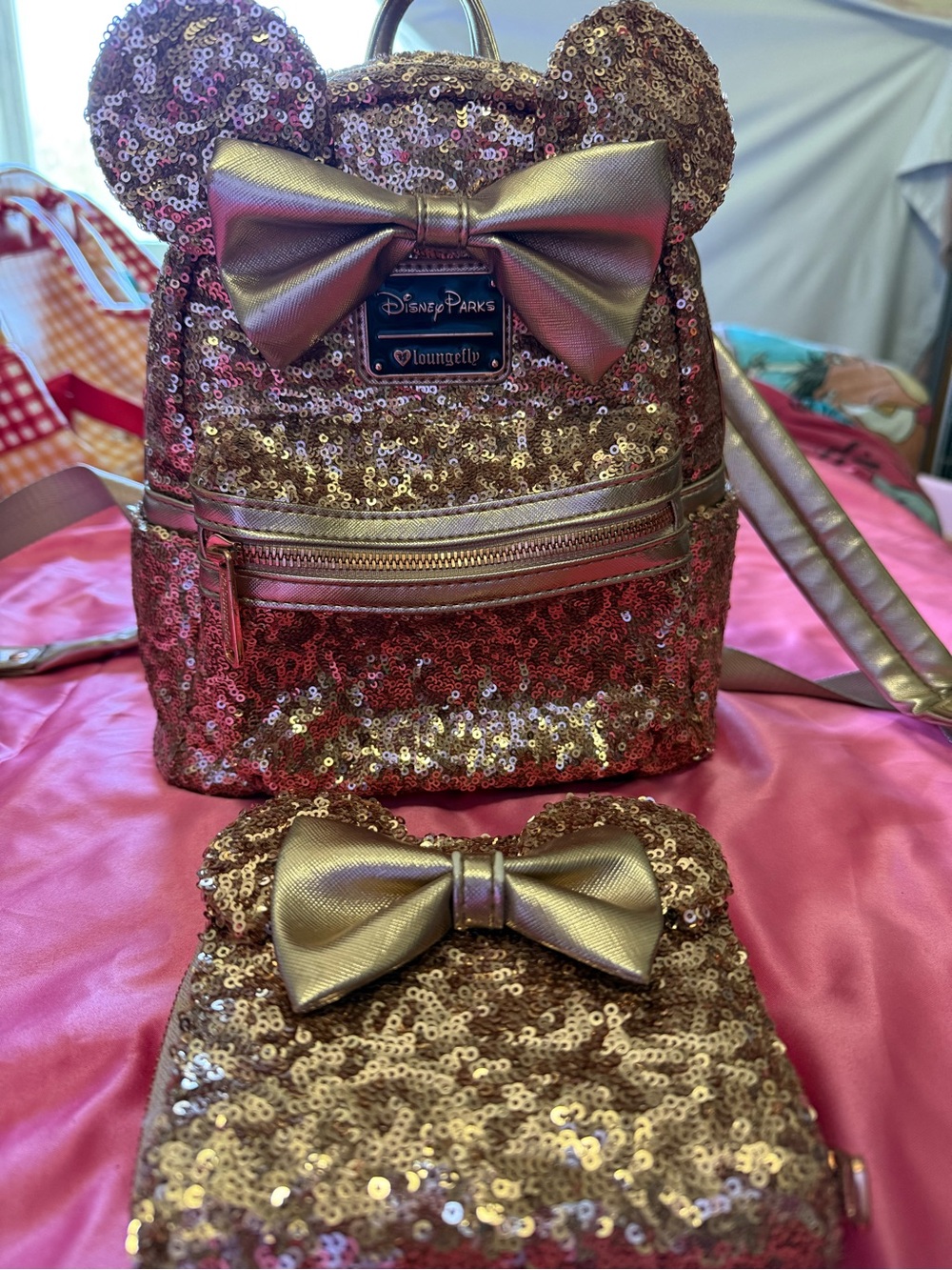 Disney Parks Loungefly Rose Gold Sequin Mini Backpack & Wallet Set